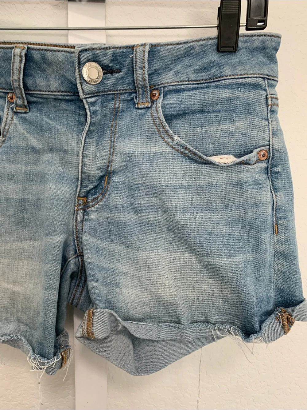 American Eagle Super Super Stretch Light Blue Denim Midi Shorts